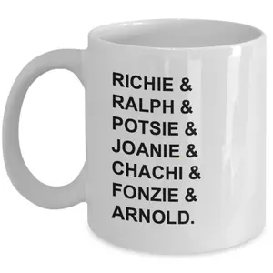 Happy Days cast list tv show coffee mug RICHIE ,RALPH ,POTSIE  J7N