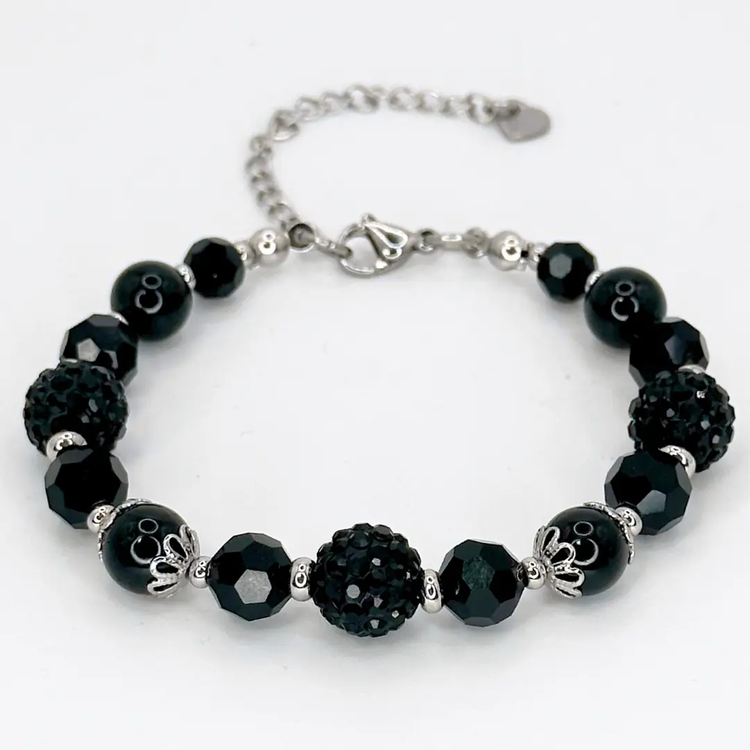 FIMENESS BLACK TOURMALINE HANDMADE BRACELET NATURAL STONE, FACETED GLASS AND RHINESTONE CLAY BEADS COMBINATION, STAINLESS STEEL, NON-TARNISH JEWELRY