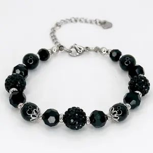 FIMENESS BLACK OBSIDIAN HANDMADE BRACELET NATURAL STONE, FACETED GLASS AND RHINESTONE CLAY BEADS COMBINATION, STAINLESS STEEL, NON-TARNISH JEWELRY