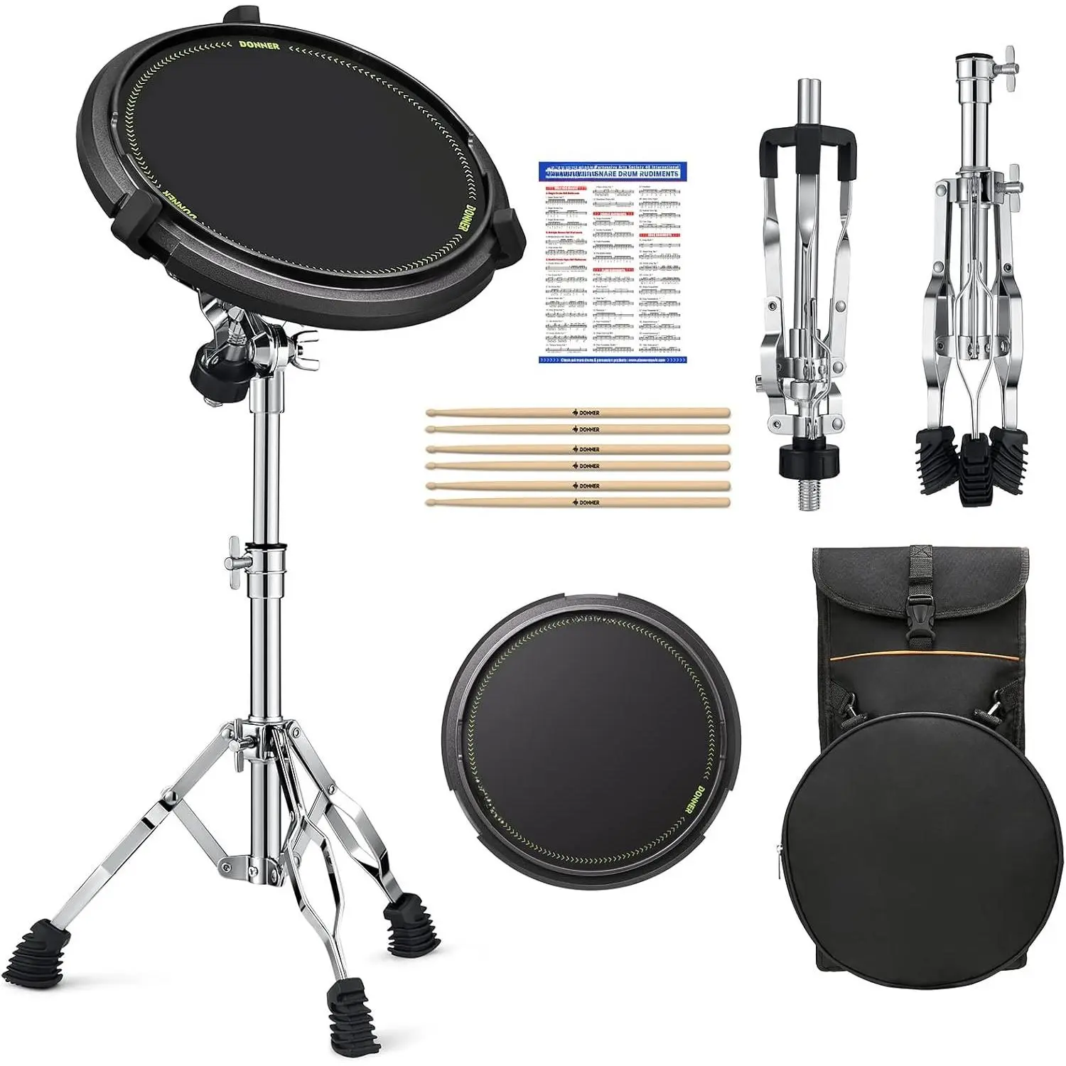 Drum Practice Kit - Snare Stand + 12'' Marching Pad, Drumsticks, Backpack - Fits 10''-14'' Drums (Black)