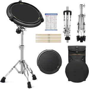 Drum Practice Kit - Snare Stand + 12'' Marching Pad, Drumsticks, Backpack - Fits 10''-14'' Drums (Black)