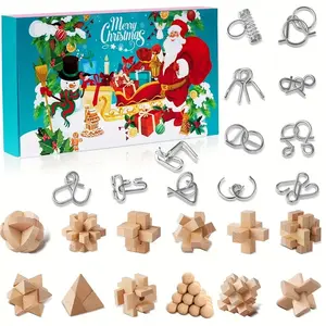 24 Days Intelligence Puzzle Christmas Greeting Card Calendar, Challenging Puzzles with Metal and Wooden Parts, 3D Logic Game Building Block Puzzle for Teens and Adults