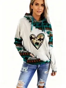 Women's Casual Long Sleeve Hooded Sweatshirt with Ethnic Aztec Geometric Print Patchwork Design, Drawstring Hood, Kangaroo Pocket, Soft Fleece Lined Pullover Top for Spring Summer