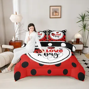 Ladybug Comforter Set,Wave Point Bedding Set Women,Adults Red and Black Comforter,Cute Ladybug Quilted Duvet Set Bedroom Collection