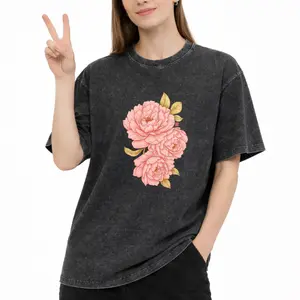 Pink Peony Floral Art T-Shirt – Washed Look, Casual Short Sleeves for Everyday Wear