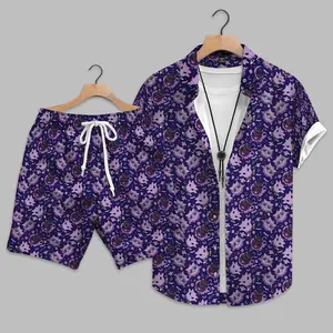 Men's 2-Piece Hawaiian Paisley Printed Set, Vintage Oversized Menswear, Purple Beachwear & Lounge Outfits, Y2K Boho Casual Streetwear Summer Matching Shirt & Shorts