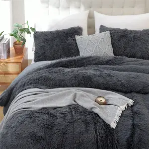 3pcs Luxury Fur Comforter Cover Set Ultra Soft Fluffy Furry Duvet Cover Set(1 Faux Fur Fuzzy Comforter Cover + 2 Pompoms Pillow Cases) Bedding Set, Zipper Closure