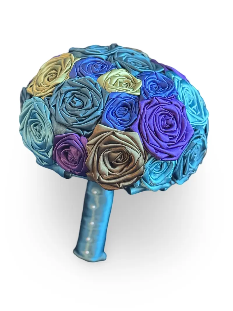 Anna Rose’s Bouquet | Teal, Turquoise, Purple, Lime, Olive Green, & Royal Blue | Peacock Themed Wedding | Handmade Satin Rose Bouquet | Bride Bouquet | Traditional Wedding Bouquet