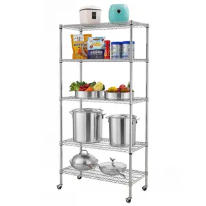 5-Tier NSF-Certified Steel Wire Shelving with Wheels Chrome Organiser Racks Rubber Adjustable
