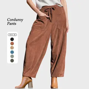 Women��s Corduroy Wide Leg Pants Baggy Minimalist Pants Casual Elastic Palazzo Harem Pants with Pockets Trendy Barrel Trousers Halloween Loose