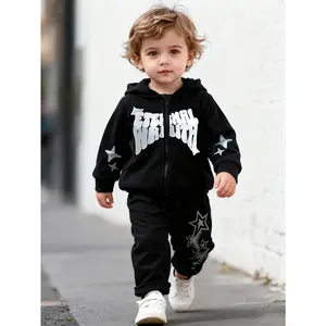 Baby Boy Autumn and Winter Letter Star Print Long Sleeved Velvet Zippered Hoodie and Pants Set| Suitable for Outdoor Wear, Street Fashion Casual, Perfect Gift for Children