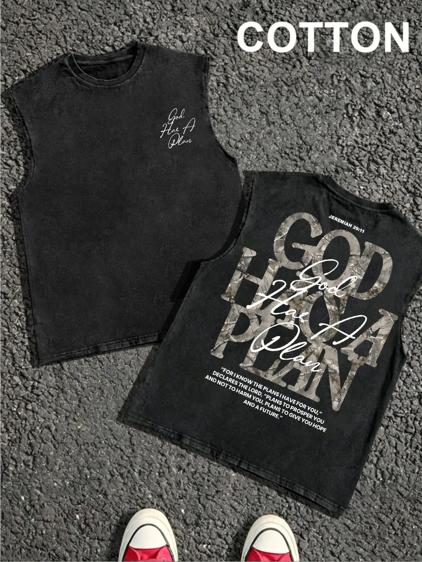 1 piece loose distressed wash graphic tank top featuring “GOD HAS A PLAN” lettering with internal fill and jungle camouflage texture creative print; Bible Jeremiah 29:11 religious style; unisex, suitable for all seasons; ideal for church services, beach v