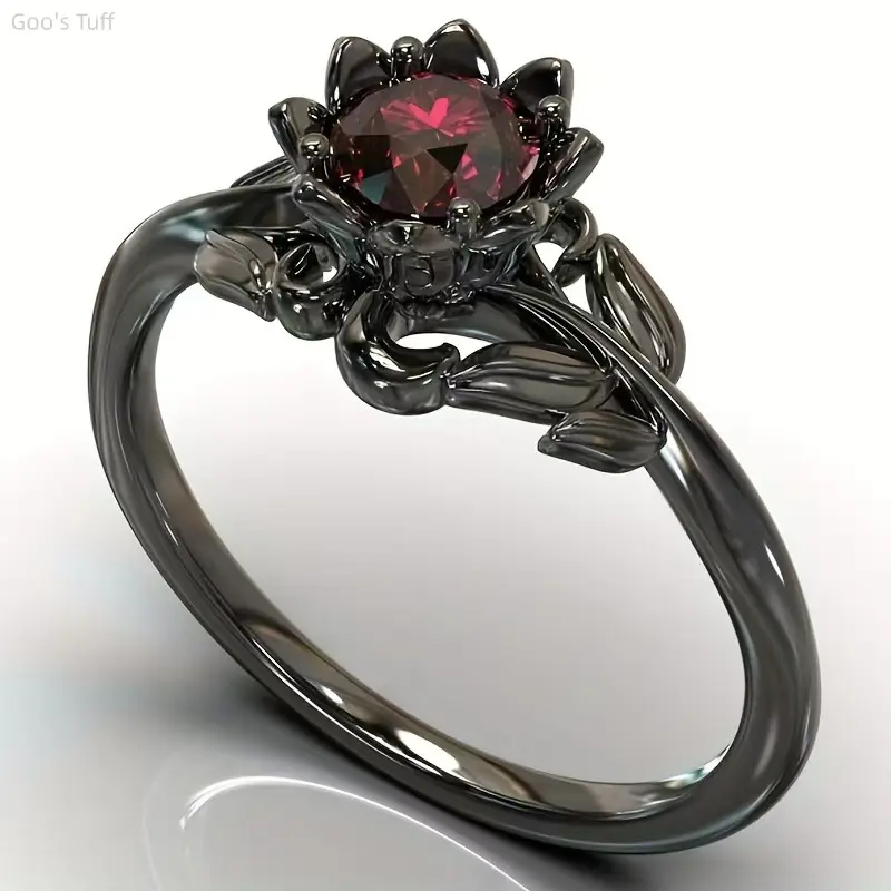 Women's Handcrafted Floral Statement Ring - Gun Black Plated Finger Band with Hand-Inlaid Shiny Cubic Zirconia, Ideal for Cross-Border European Streetwear, Club Parties & Daily Outfits