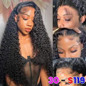 [30 inch hot] 13x6 Lace Front Wigs Human Hair Water Wave 180 Density Deep Wave 13x6 HD Full Lace Frontal Wigs Pre Plucked Wet and Wavy Glueless Kinky Curly Human Hair Wigs for Women Natural Black