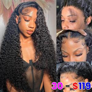 [30 inch hot] 13x6 Lace Front Wigs Human Hair Water Wave 180 Density Deep Wave 13x6 HD Full Lace Frontal Wigs Pre Plucked Wet and Wavy Glueless Kinky Curly Human Hair Wigs for Women Natural Black