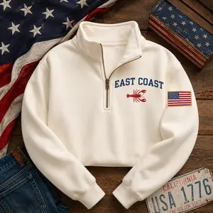 East Coast Lobster Quarter Zip Sweatshirt,4th of July Vintage Coastal Embroidered Pullover