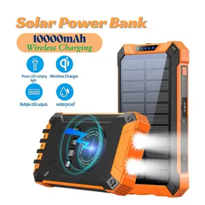 10000mAh Multi-Function Solar Portable Charger - Waterproof Power Bank with Built-in 4 Cables, Wireless Charging, LED Camping Flashlight, Smartphone/Pad/Micro Accessories Compatibility - Outdoor Hiking Emergency Backup, Festival Gift