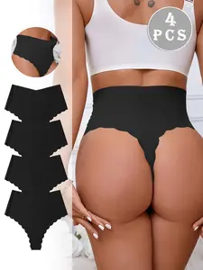 Women's High-Waisted Scallop Design Ice Silk Underwear Set, Breathable Comfort Seamless Ladies Panties, All-Season Casual Style, Casual Breathable Knicker
