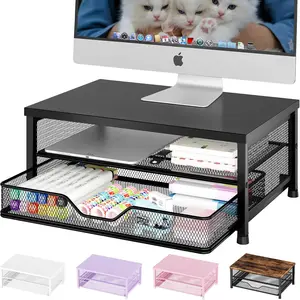 Ergonomic Computer Monitor Stand Riser with 2-Tier Desk Organizer & Drawer for Office Supplies Black Metal Construction Non-Slip Pads Height Adjustable