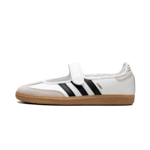 Adidas Samba Jane Kids' Classic Retro Leather Sneakers Trainers - White & Black, Leather Upper, White Low Cut Low Top, Contrasting Stripes, Gum Sole, Retro Vibes, Daily Casual Sports Footwear
