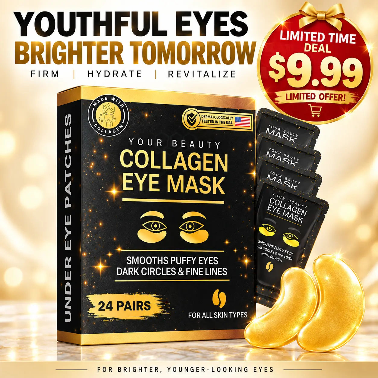 【Flash Sale】Collagen Under Eye Patches (24 Pairs) - Dark Circles Treatment, Puffy Eyes & Bags Fix, Hydrates for Smoother Look, Night Routine Skincare Suitable for All Skin Types