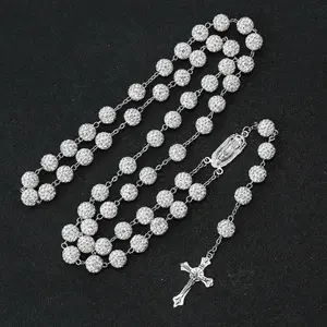 Vintage Rhinestone Silver Rosary Necklace