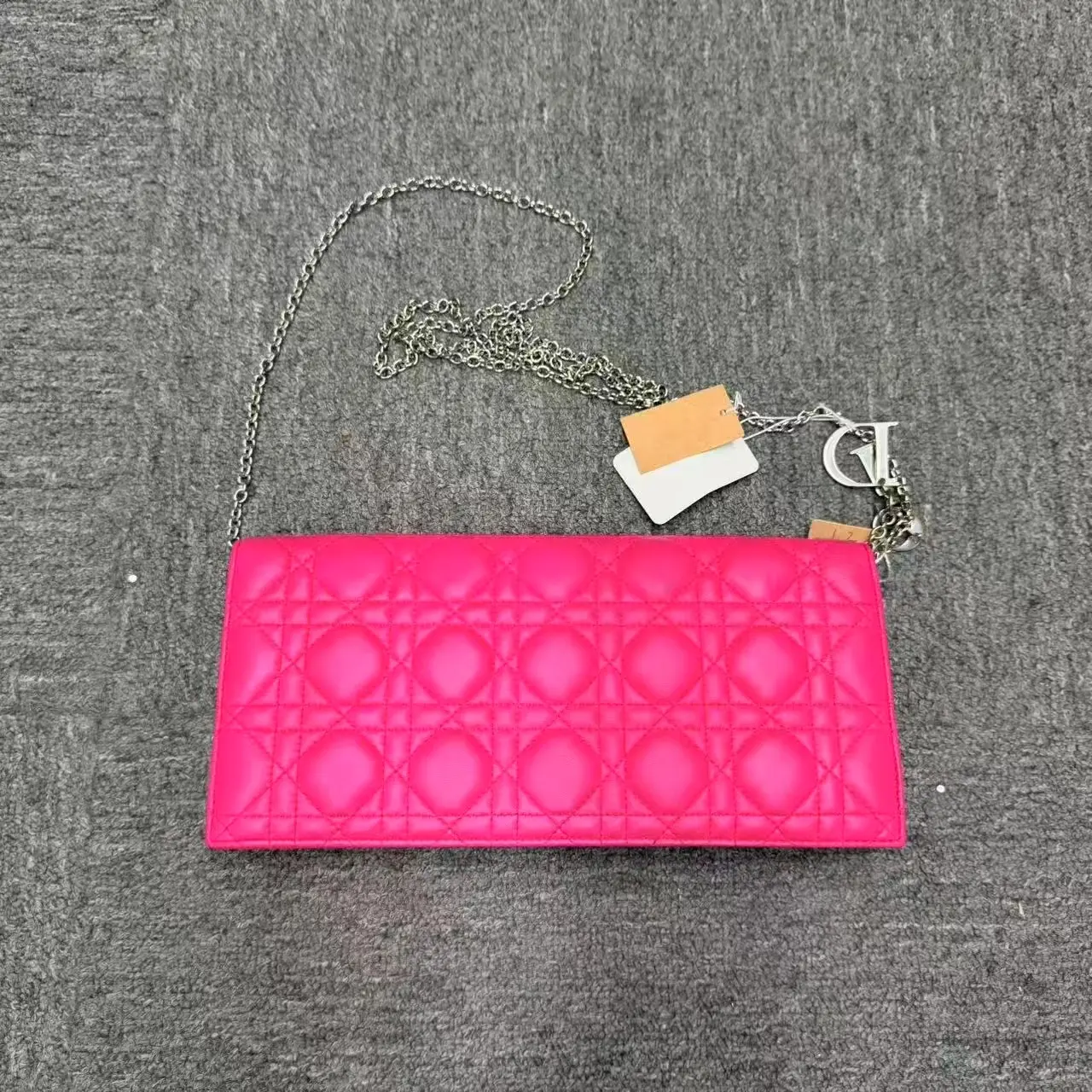 Pre-owned Dior Fuchsia Pink Calfskin Cannage Quilted Stitching Chain Wallet Clutch, Silver, Shoulder Crossbody Bag with Additional Strap