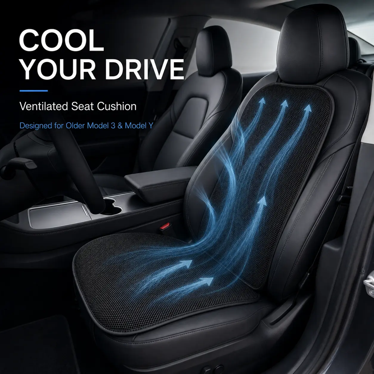 Ventilated Car Seat Cushion for Older Model 3 & Model Y Without Factory Ventilated Seats, 3-Speed Full-Back Cooling Airflow Pad, Black