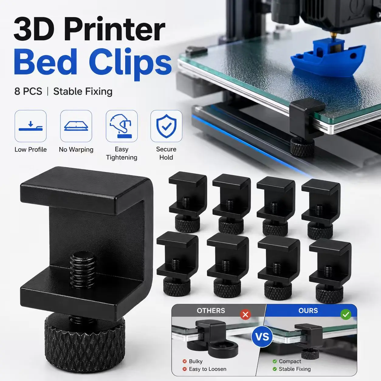 8PCS Adjustable 3D Printer Glass Bed Clips, Aluminum Alloy Build Plate Clamps with Knurled Hand-Tightening Knobs, Low-Profile Heat Bed Holders Help Reduce Plate Shifting for 3-9mm Platforms, FDM Printer DIY & Maintenance
