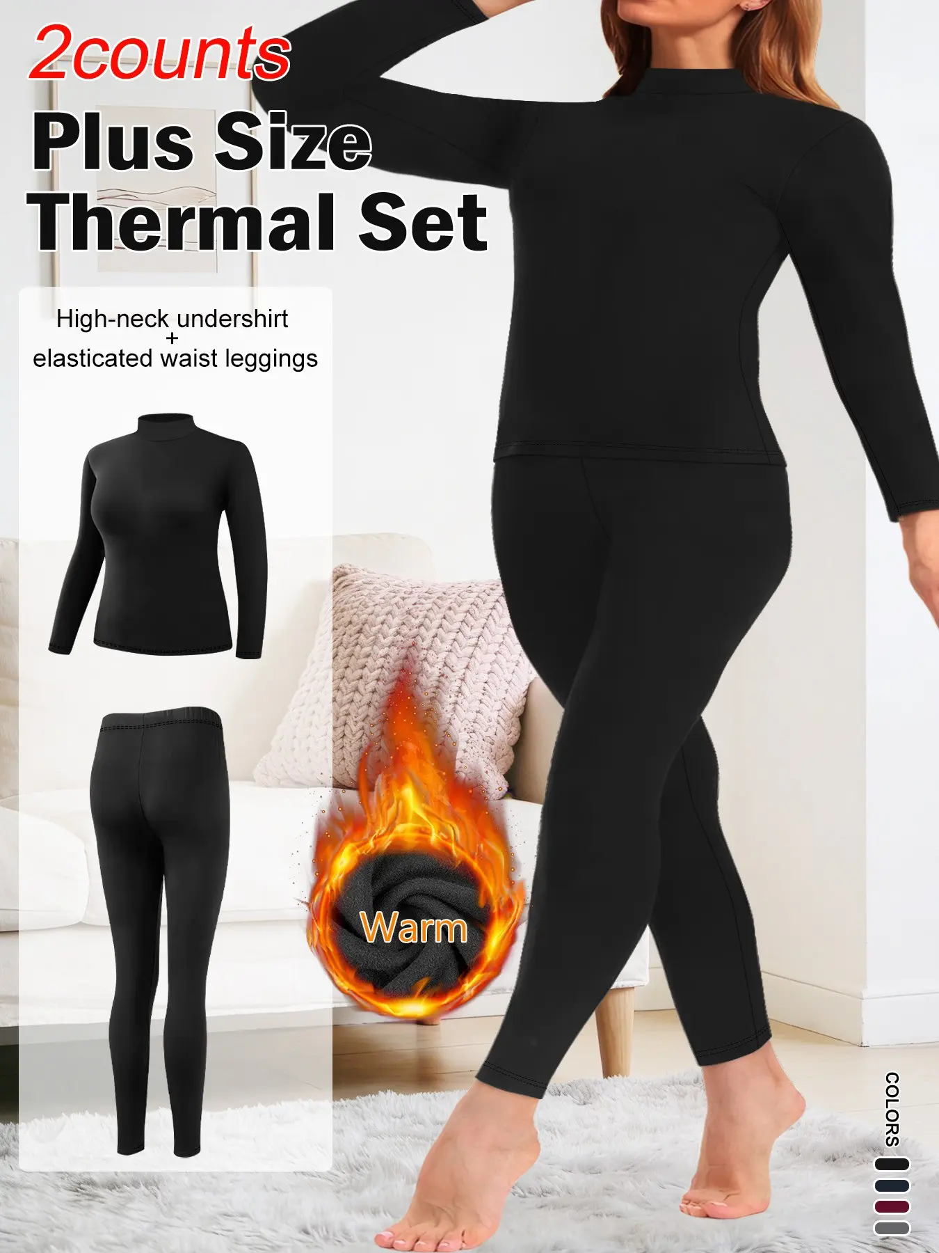 Plus Size Fleece Two-Piece Set, Warm Thermal High Neck Long Sleeve Tee and Tight Pants, Soft Elastic Fabric, Perfect Gift for Everyday Use, Fit, Outfits, Womenswear