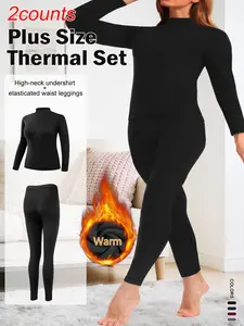 Plus Size Fleece Two-Piece Set, Warm Thermal High Neck Long Sleeve Tee and Tight Pants, Soft Elastic Fabric, Perfect Gift for Everyday Use, Womenswear