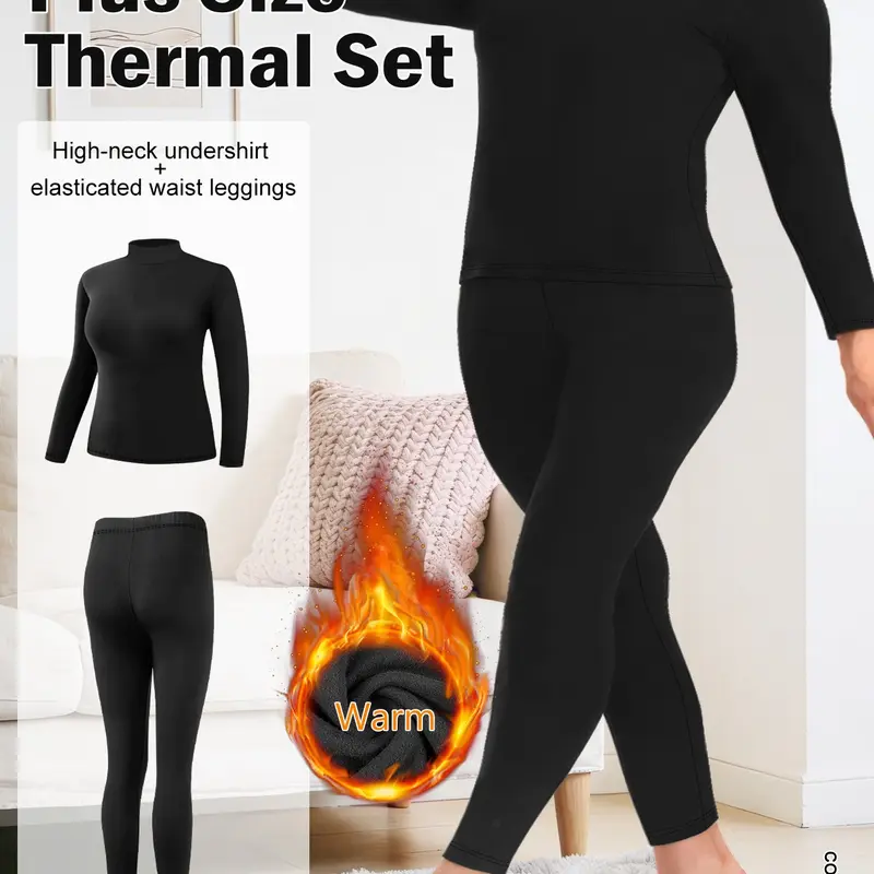 Plus Size Fleece Two-Piece Set, Warm Thermal High Neck Long Sleeve Tee and Tight Pants, Soft Elastic Fabric, Perfect Gift for Everyday Use, Fit, Outfits, Womenswear