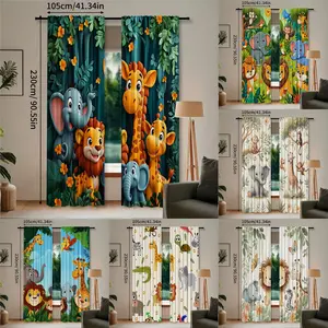 2-Piece Cartoon Jungle Animal Curtains - Rod Pocket, Machine Washable Polyester, Suitable for Bedroom and Living Room Decoration