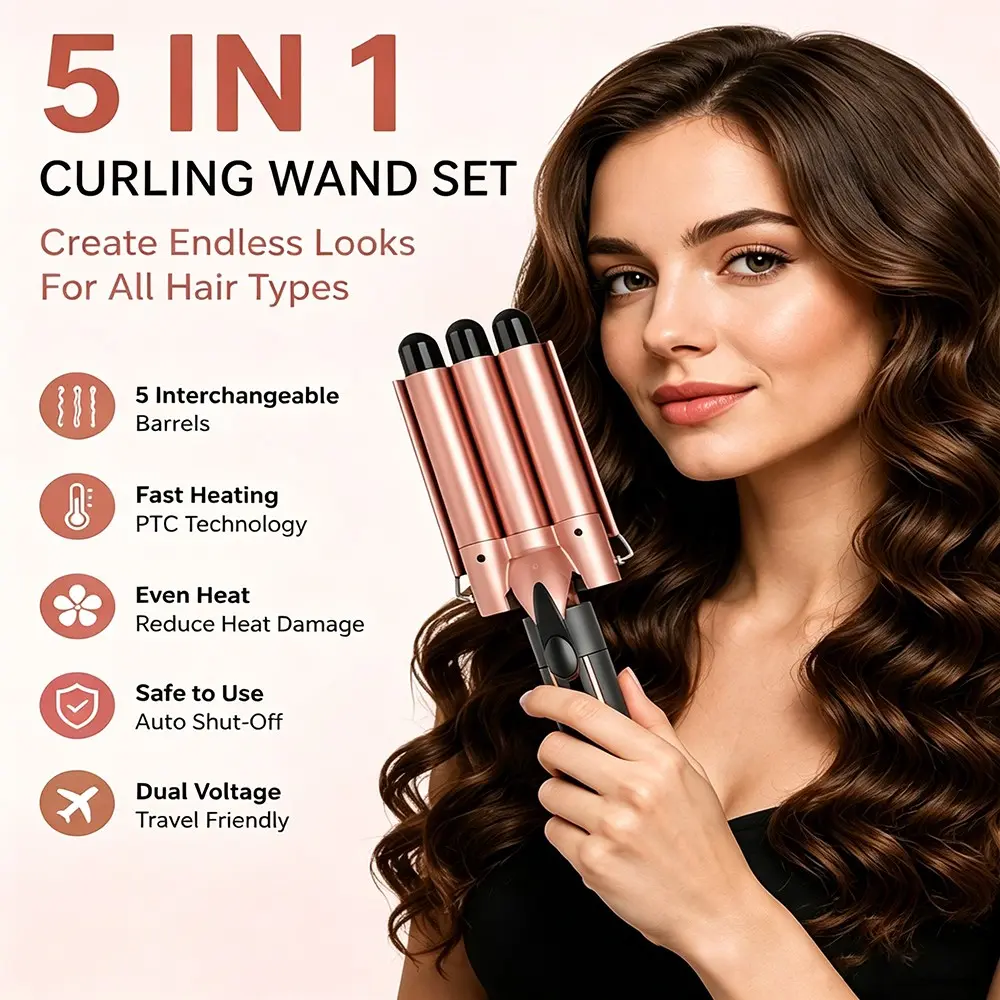5 in 1 Interchangeable Curling Wand Set, Multi Barrel Curling Iron, Fast Heating Ceramic Hair Styler, Easy-To-Use Hair Curler, Travel Curling Iron, Hair Styling Tools