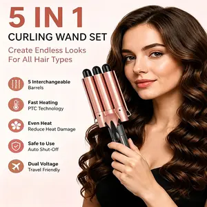 5 in 1 Interchangeable Curling Wand Set, Multi Barrel Curling Iron, Fast Heating Ceramic Hair Styler, Easy-To-Use Hair Curler