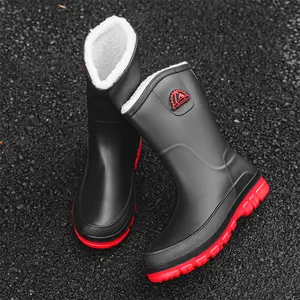 BDHJYDB Men's High Quality Slip-On Rain Boots with Non-Slip Sole, Mid-Calf Height & Red Accent Toe - All-Season PVC/Rubber Casual Outdoor Shoes, Korean Style Black Booties for Hiking, Urban Commute & Casual Attire, High Quality Boots, Rubber Boots for Men