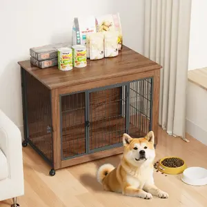 38.6" Dog Crate Furniture with Wheels for Small Dogs, Heavy Duty Dog Kennel Indoor with 2 Doors, Wooden Pet Cage End Table, Double-Doors Sturdy Metal Dog Cage for Anxiety Dog
