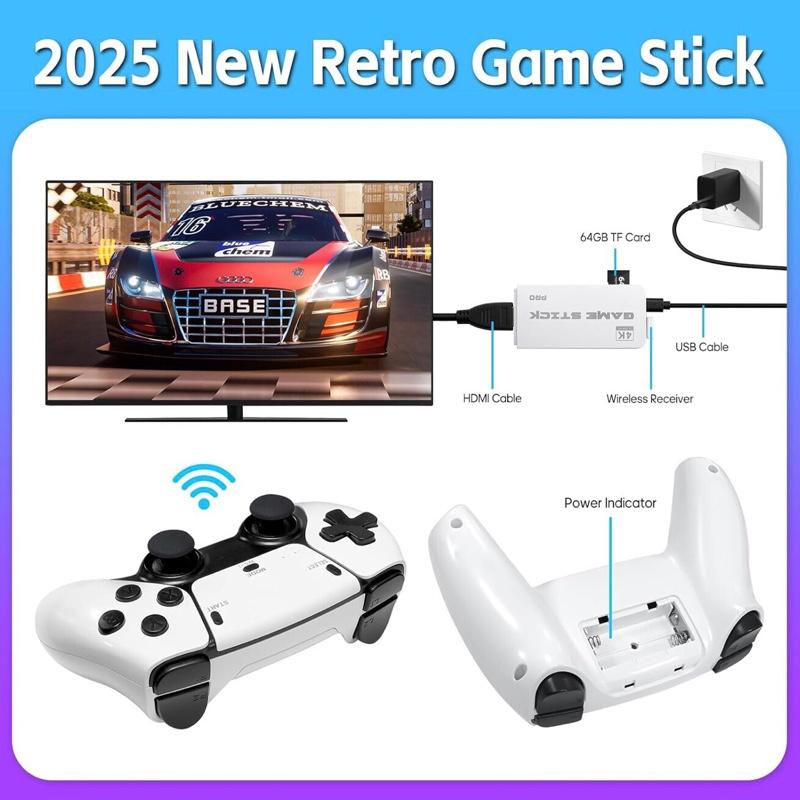 Retro Game Stick, Retro Gaming Console with Built-in 20000+ Classic Games, Video Games Stick 4K HDMI with Dual 2.4G Wireless Controllers (64GB)