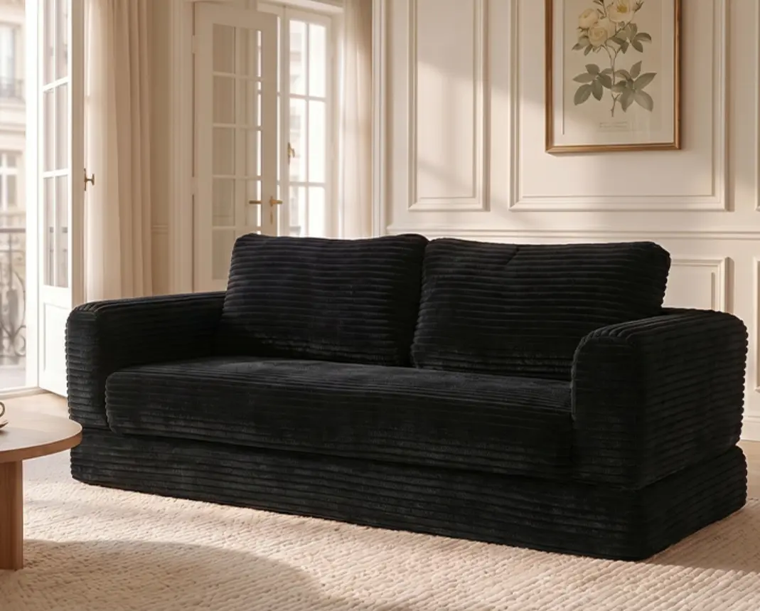59-Inch Convertible Futon Sofa Bed with Deep Seat, Cloud Corduroy Foldable Sleeper Sofa, Memory Foam & Polyurethane Foam Fill, 2-Seater Lounge Chaise for Living Room, Black Corduroy