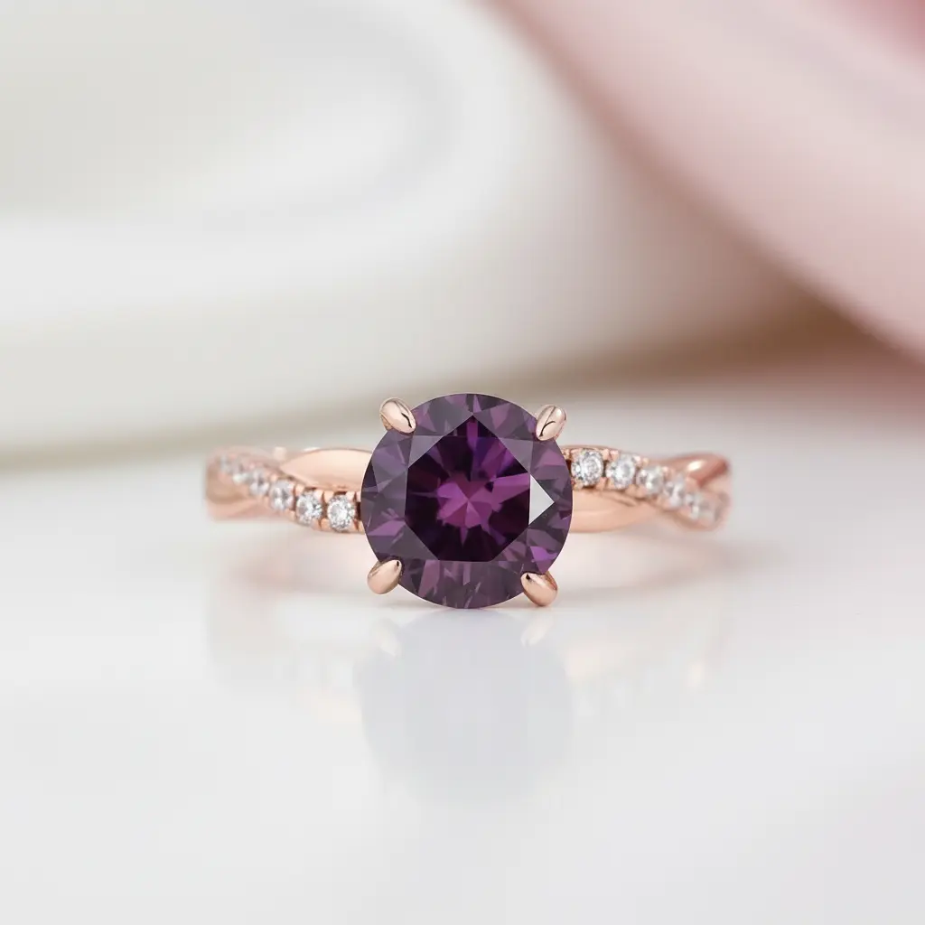 Rose Gold Twist Round Cut Amethyst Purple Promise Ring