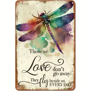 1pc Hanging Metal Flat Plaque, 20cm×30cm/8in×12in 2D Flat Iron Wall-Mounted Decor, Colorful Watercolor Dragonfly Design, "Those We Love Don't Go Away" Quote, Rustic Retro Home Decor for Bar