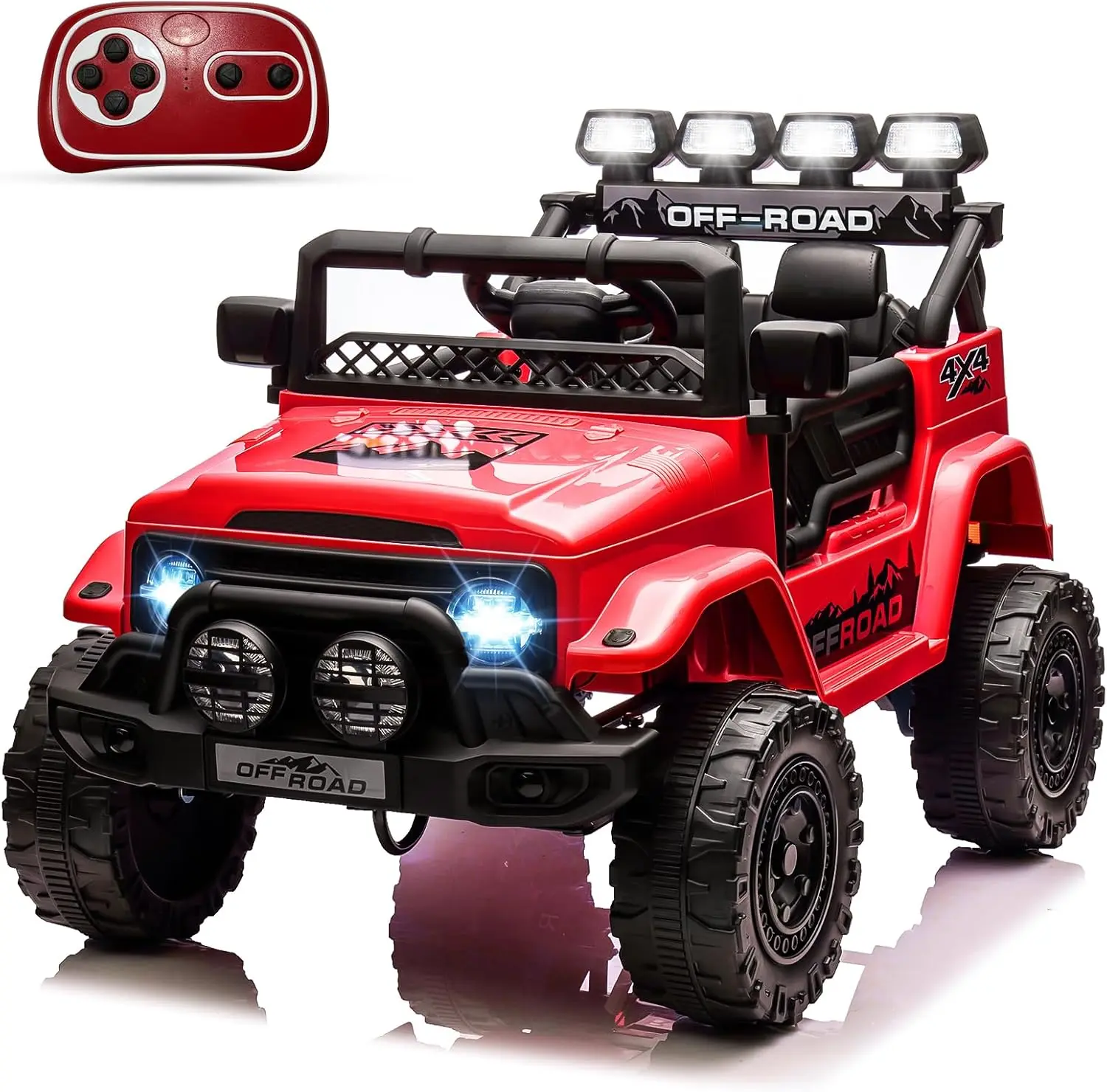 【Perfect Christmas Gift】12V Red Kids Ride On Truck - Ride On Car with Remote Control, LED Lights, Music Mode, Adjustable Speed Modes, Functional Steering Wheel, Openable Lockable Doors, Realistic Design for Ages 37-96 Months, 4Point5 Amp Hour Battery