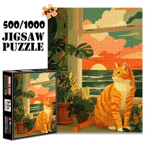 1pc 1000 piece adult puzzle 70x50cm Orange Cat by Window with Plants and Sea View500 pieces of paper jigsaw puzzle, suitable for adults and families, large-scale DIY puzzle interactive toy games,