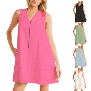 SCUSTY Women's Summer Half Zip Sleeveless Dress V-Neck Casual Colorblock Cotton A Line Mini Dresses With Pockets
