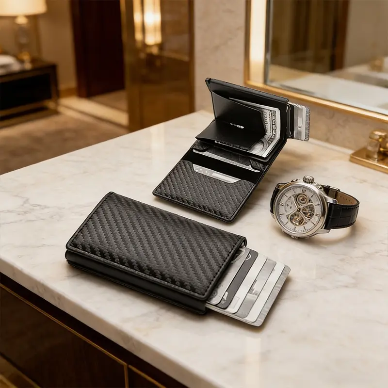 Mini automatic pop-up bank card holder, new men's wallet, ultra-thin carbon fiber RFID card case, automatic card pop-up, small wallet for men and women, Trifold Wallets