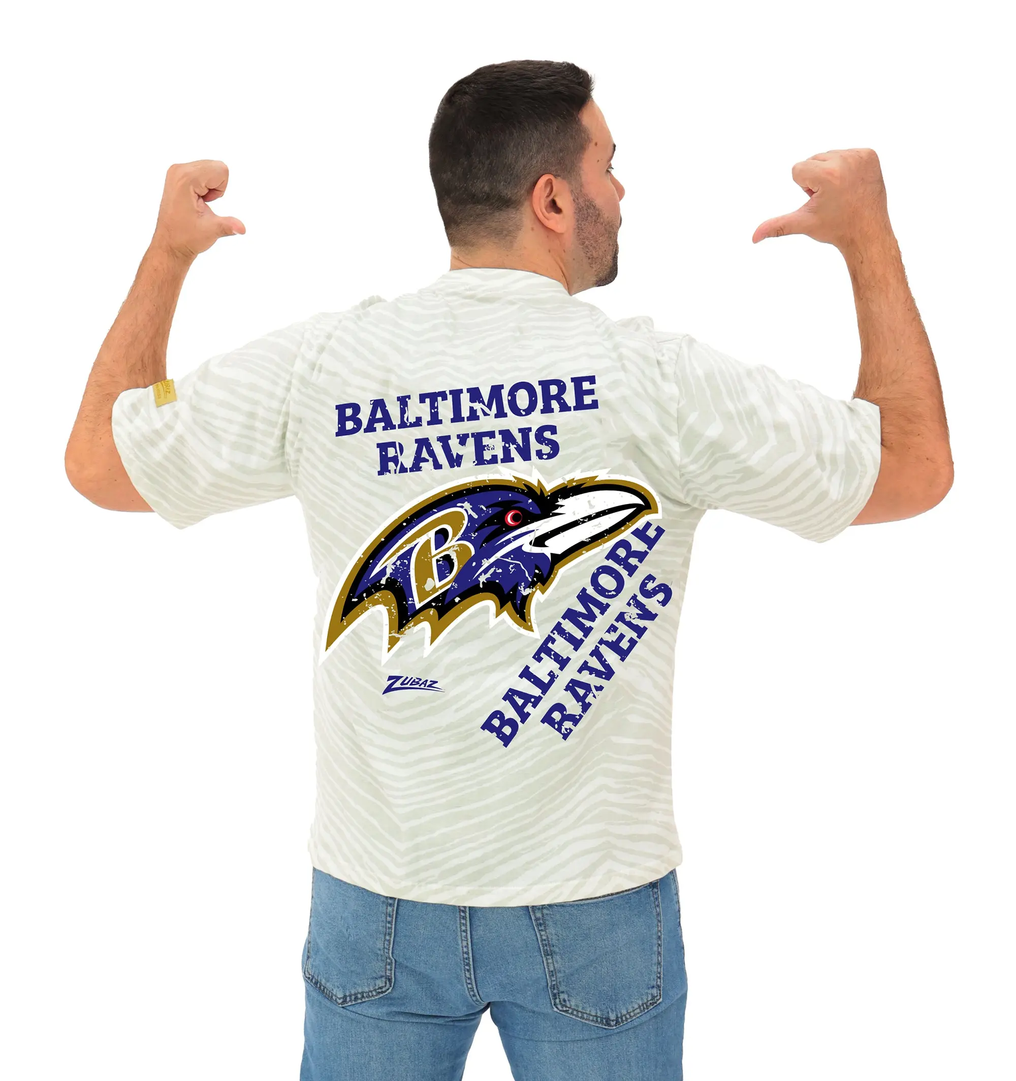 Zubaz NFL Unisex Adult Vintage 90s Full Back Zebra 2 Color Tonal All Over Short Sleeve T-Shirt, Baltimore Ravens, X-Small