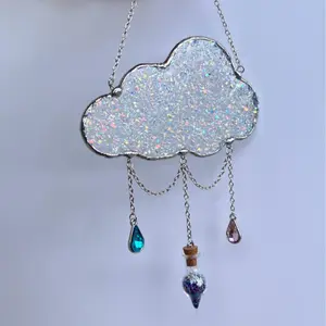Dichroic Frit Stained Glass Cloud Suncatcher with Raindrop Gems! Handmade Stained Glass Hanging Art Decoration to enchant your home! Hangable Window Ornament