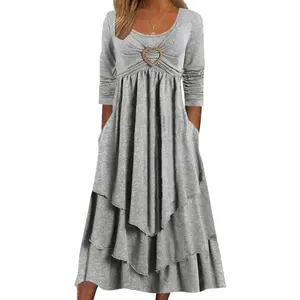 Womens Crewneck Fall Maxi Dress Long Sleeve Irregular Tiered Ruffle Hem A Line Flowy Dress Wedding Guest Dresses