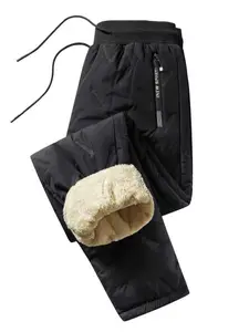 Men's Winter Warm Cotton Casual Outdoor Pants, Fleece Lined Thick Long Trousers with Drawstring Waist, Zipper Pockets, Plain Woven Fabric