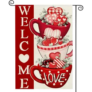 1Pc Welcome Valentine's Day Heart Cup Garden Flag 12x18-inch Double-sided Polyester Outdoor Yard Flag with Flower and Cat Watercolor Print, Versatile Holiday Decoration